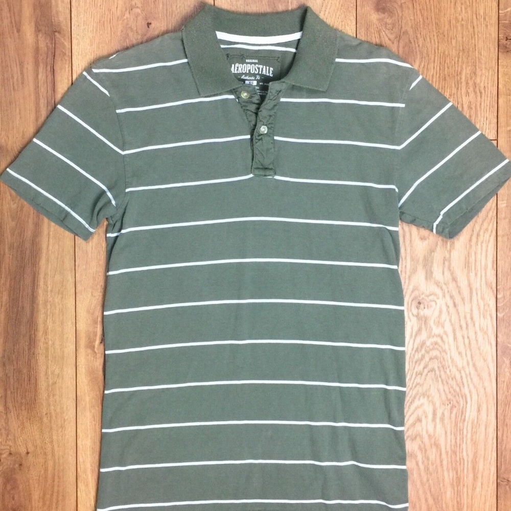 AEROPOSTALE Green White Striped Cotton Polo Shirt